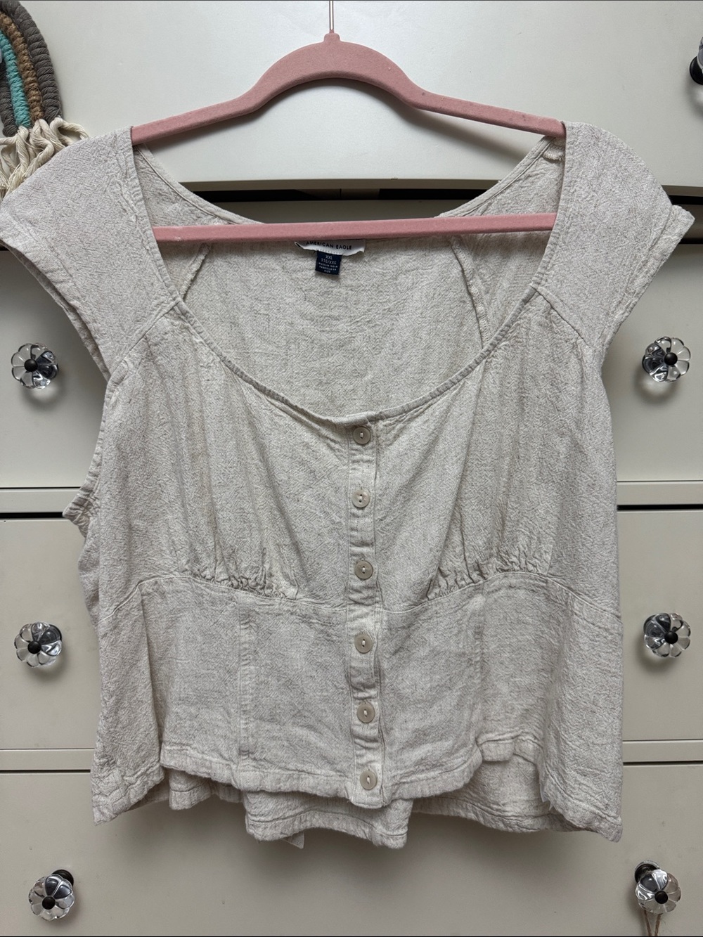 American Eagle Linen Light Cream Button-Front Cap Sleeve Women's Top